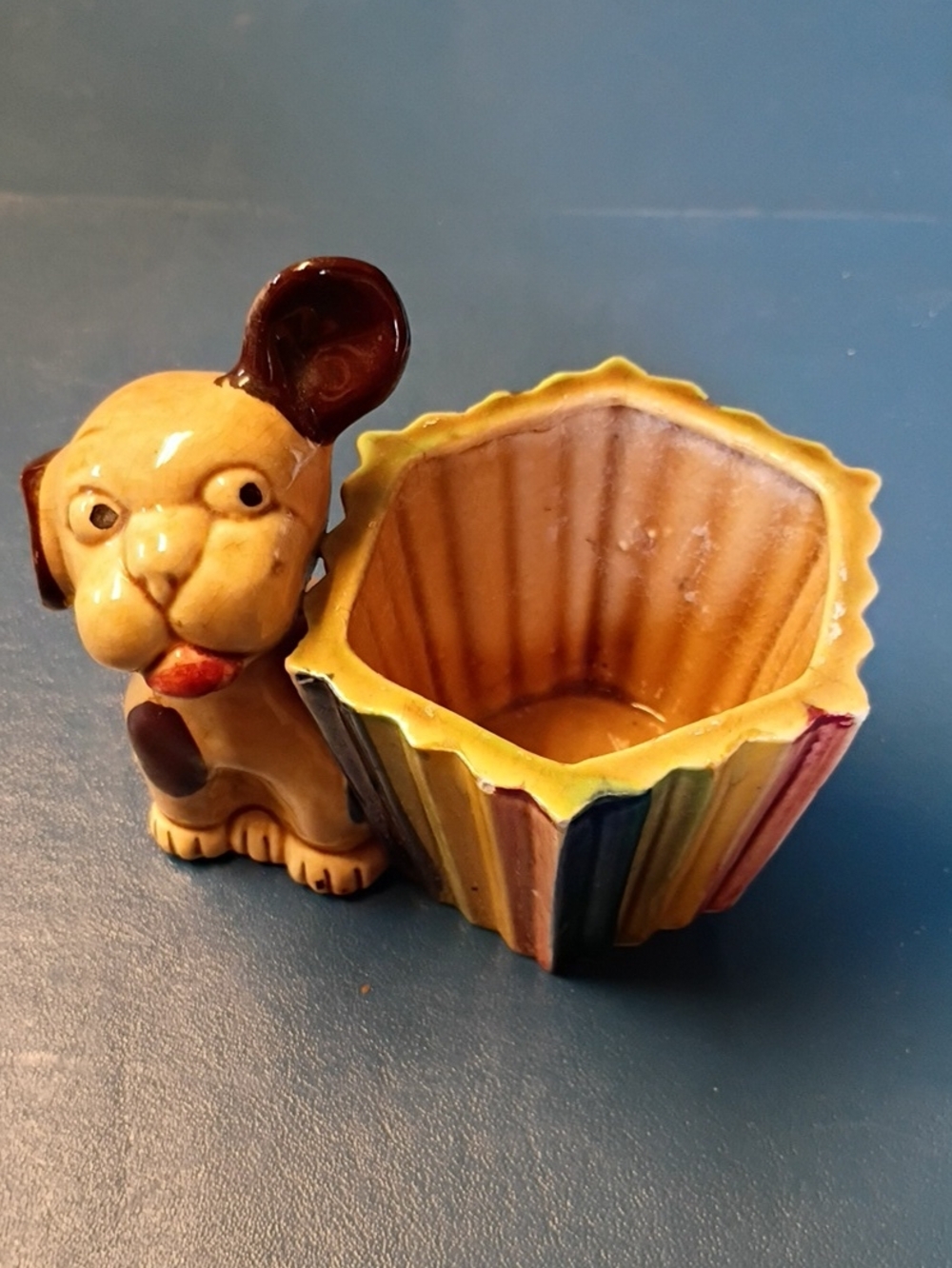 Yellow Ceramic Dog Treat Holder with Multicolor Striped Dish